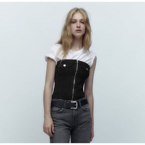 NWT Zara Black Corset Style Front Zip Closure Frayed Hem Fitted Denim Top, Large - Picture 6 of 16